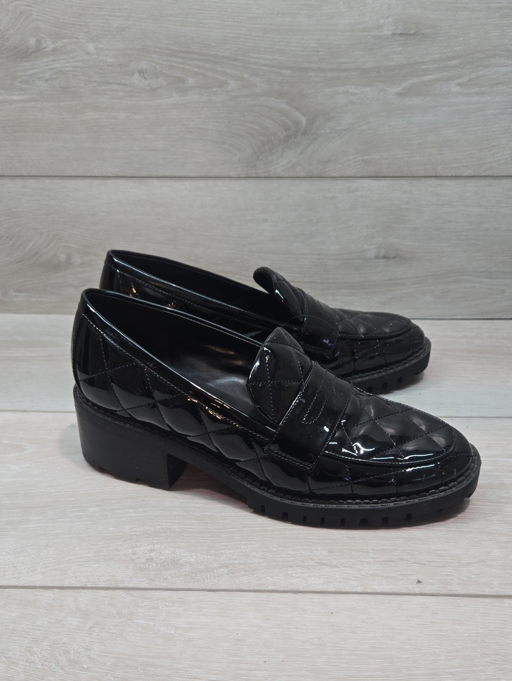 Marc Fisher Women Dantea Black Quilted Patent Chuncky Loafers Shoes Sz 8M